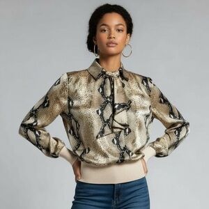 Vtg 80s Castleberry Animal Print Ascot Blouse Sz 12 Reptile Satin Mobwife Ruffle